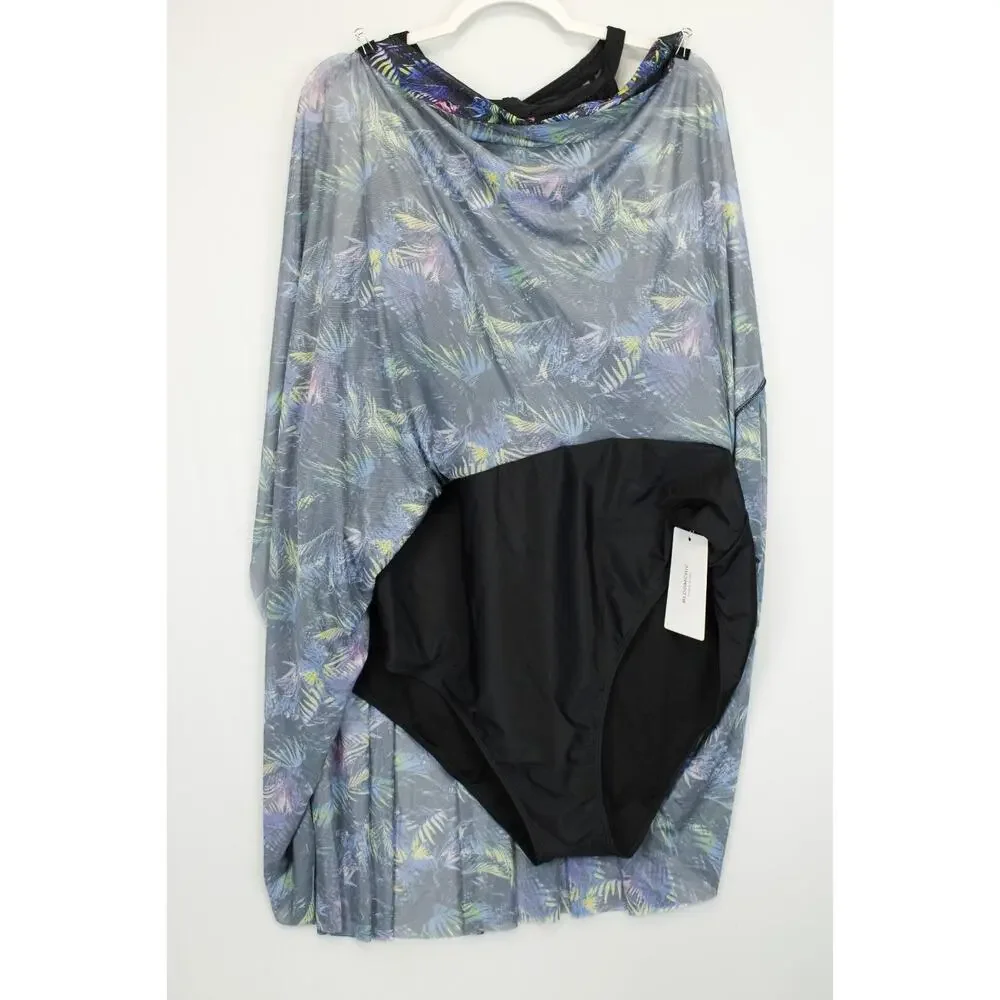 Bloomchic Swim Dress Halter Sheer Skirt‎ Women 28 Black Floral Swimwear